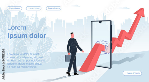 A businessman with a case goes in the direction of the arrow of an upward growing chart coming out of a mobile phone. The road to success. Business vector concept illustration.