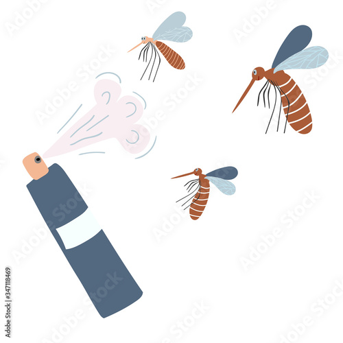 Repellent spray in the bottle. Protection from the mosquito and other insect. Aerosol for bug bite prevention. Vector illustration in cartoon style