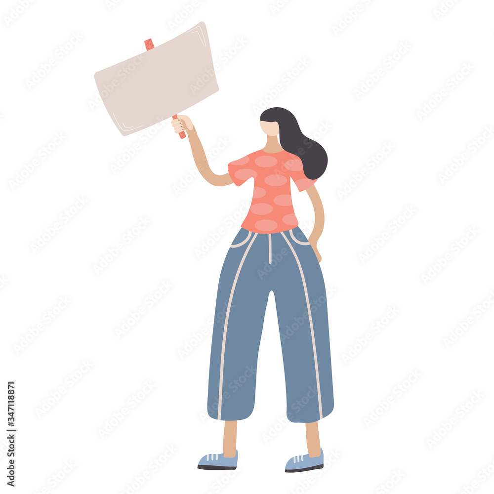 Woman holds a blank poster. Female protesters or activists. Flat cartoon colorful vector illustration. Woman holds a blank poster. Female protesters or activists. Flat cartoon colorful vector illustration.