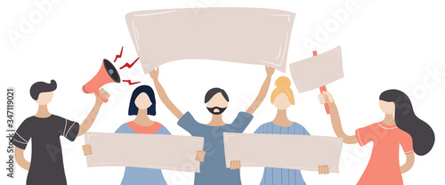 Protest. group of people holding blank banners, manifesting activists demonstrating. Street demonstration vector concept. People against violence, pollution, descrimination, human rights violation.