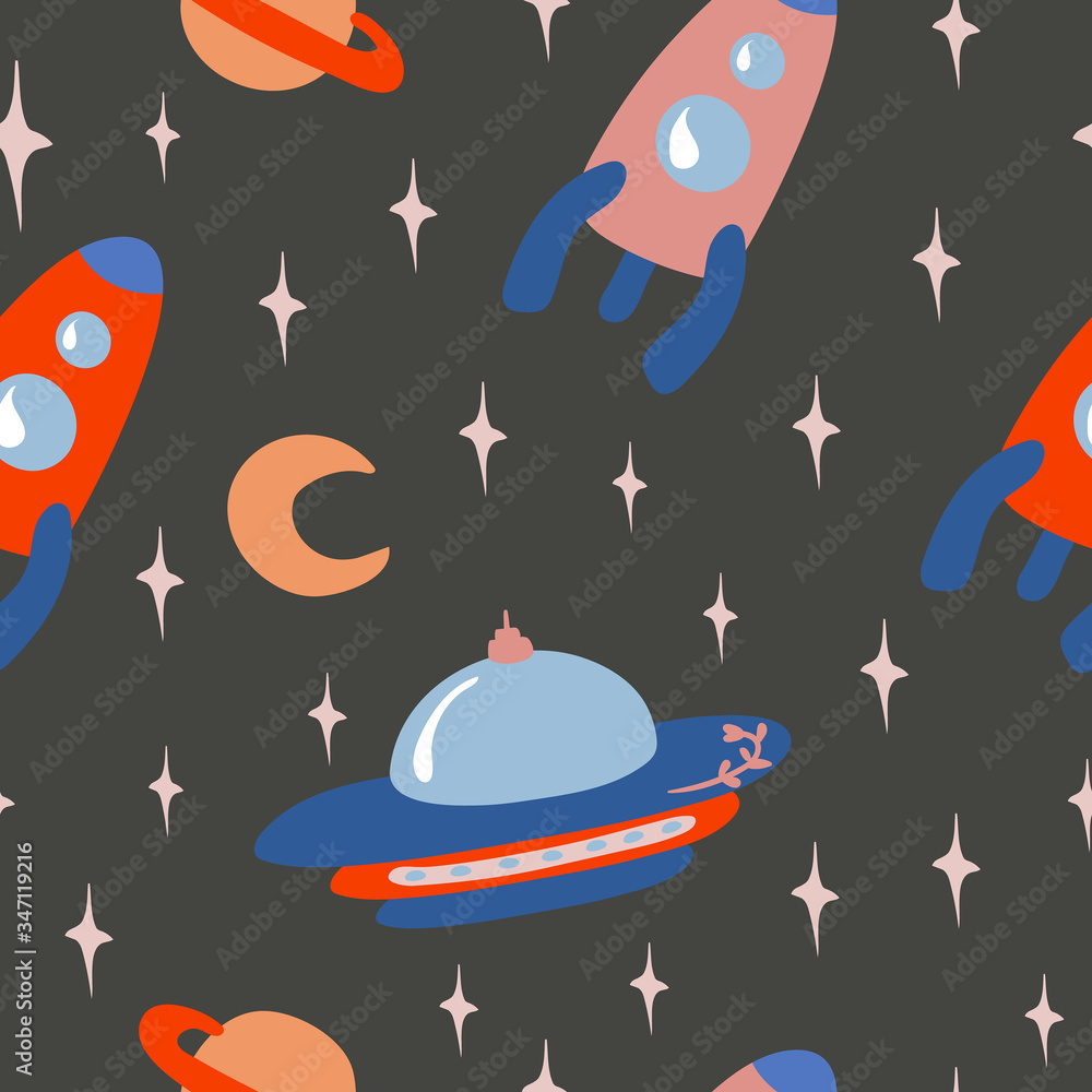 Cartoon colorful set seamless pattern with UFO rocket spaceship moon and stars on dark background. Wallpaper, print, packaging, paper, textile design. flat Vector illustration Cartoon colorful set seamless pattern with UFO rocket spaceship moon and stars on dark background. Wallpaper, print, packaging, paper, textile design. flat Vector illustration