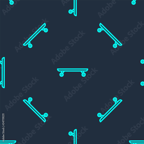 Green line Longboard or skateboard cruiser icon isolated seamless pattern on blue background. Extreme sport. Sport equipment.  Vector Illustration