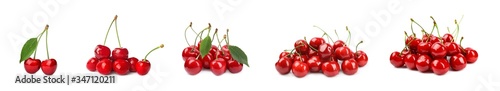 Set of ripe cherries on white background. Banner design