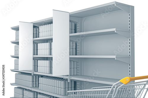 
Empty shelves in the supermarket.Shelves with many goods in perspective. 3D rendering