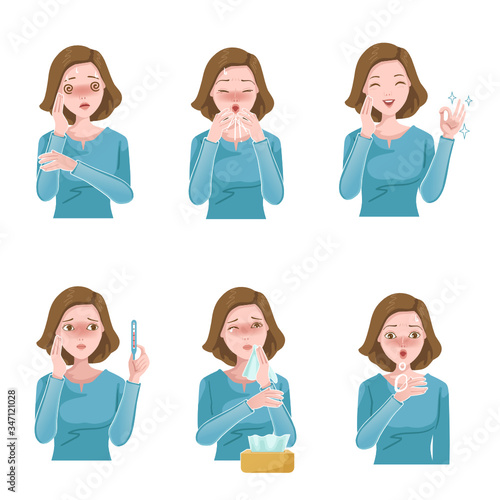 Woman sick set. Patient symptoms. Coughing, sneezing, fever, stuffy nose, headache and wheezing. Influenza symptoms and Covid-19 infections. woman gag with worry gesture.  Health care concept. vector