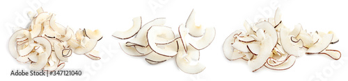 Set of tasty coconut chips isolated on white. Banner design