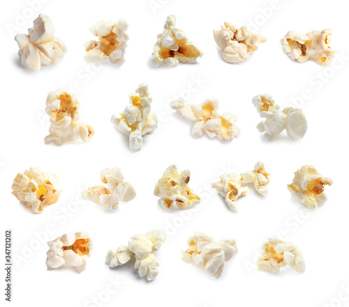Set of delicious popcorn on white background