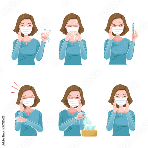 Woman sick mask set. Patient symptoms. Coughing, sneezing, fever, stuffy nose, headache and wheezing. Influenza symptoms and Covid-19 infections. woman gag with worry gesture.  Health care concept.