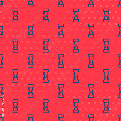 Blue line Old hourglass with flowing sand icon isolated seamless pattern on red background. Sand clock sign. Business and time management concept.  Vector Illustration