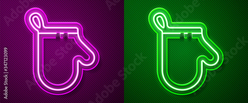Glowing neon line Oven glove icon isolated on purple and green background. Kitchen potholder sign. Cooking glove.  Vector Illustration