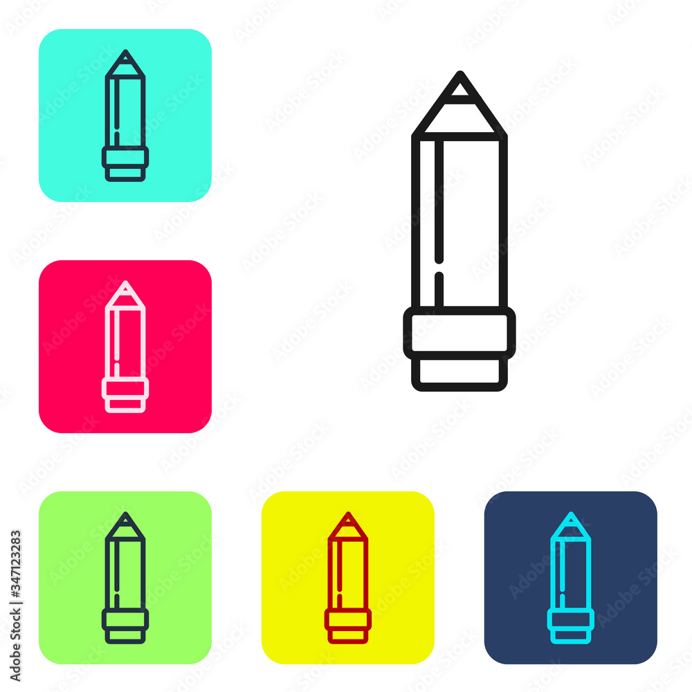 Black line Pencil with eraser icon isolated on white background. Drawing and educational tools. School office symbol. Set icons in color square buttons. Vector Illustration Black line Pencil with eraser icon isolated on white background. Drawing and educational tools. School office symbol. Set icons in color square buttons. Vector Illustration