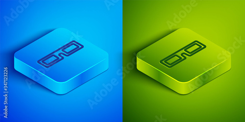 Isometric line  cinema glasses icon isolated on blue and green background. Square button. Vector Illustration