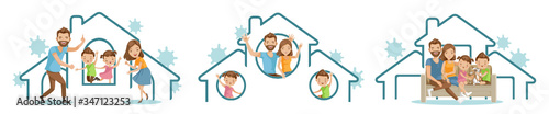 Stay at home family set. Campaign and coronavirus prevention family smiling and staying together. Concept for stay at home. House simple symbols. Vector Illustration. 