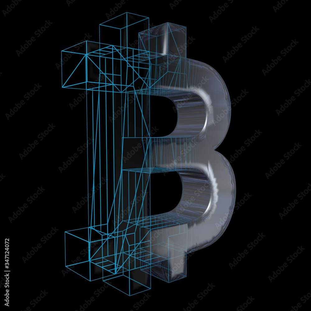 Bitcoin sign, platinum or silver turns into a blue grid on a black background. 3D illustration Bitcoin sign, platinum or silver turns into a blue grid on a black background. 3D illustration