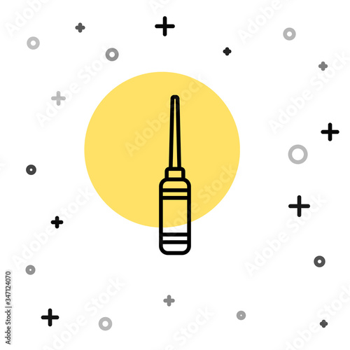 Black line Awl tool with wooden handle icon isolated on white background. Work equipment tailor industry. Random dynamic shapes. Vector Illustration