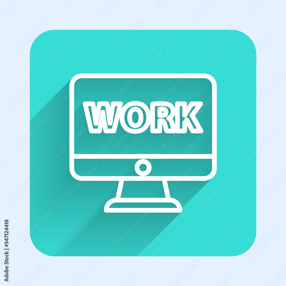 White line Computer monitor with text work icon isolated with long shadow. Green square button. Vector Illustration White line Computer monitor with text work icon isolated with long shadow. Green square button. Vector Illustration