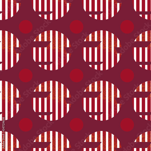 Seamless geometric pattern with red-orange cutted textured with white vertical lines circles on wine red colour background inspired by avant-garde art and russian constructivism