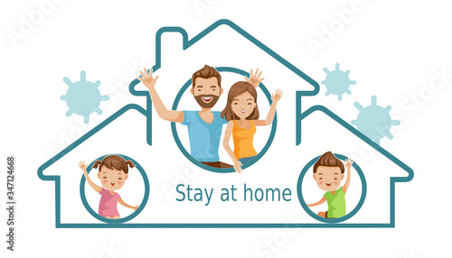 Stay at home family. Gesture gestures to greet. Campaign and coronavirus prevention family smiling and staying together. Concept for stay at home. House simple symbols. Vector Illustration. 