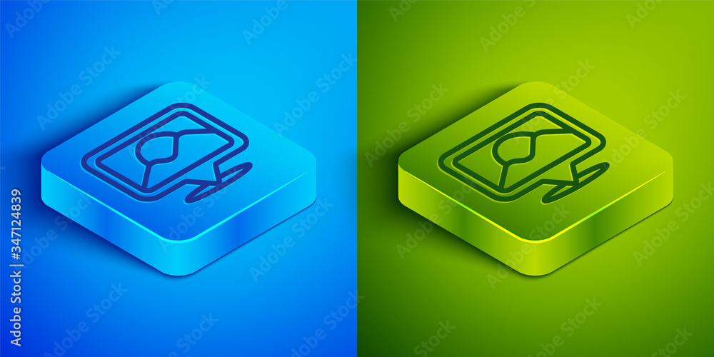 Isometric line Map pin icon isolated on blue and green background. Navigation, pointer, location, map, gps, direction, place, compass, search concept. Square button. Vector Illustration Isometric line Map pin icon isolated on blue and green background. Navigation, pointer, location, map, gps, direction, place, compass, search concept. Square button. Vector Illustration