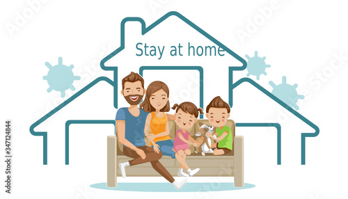 Stay at home family. Sitting together on the sofa in the living room. Campaign and coronavirus prevention family smiling and staying together. Concept for stay at home. House simple symbols. Vector