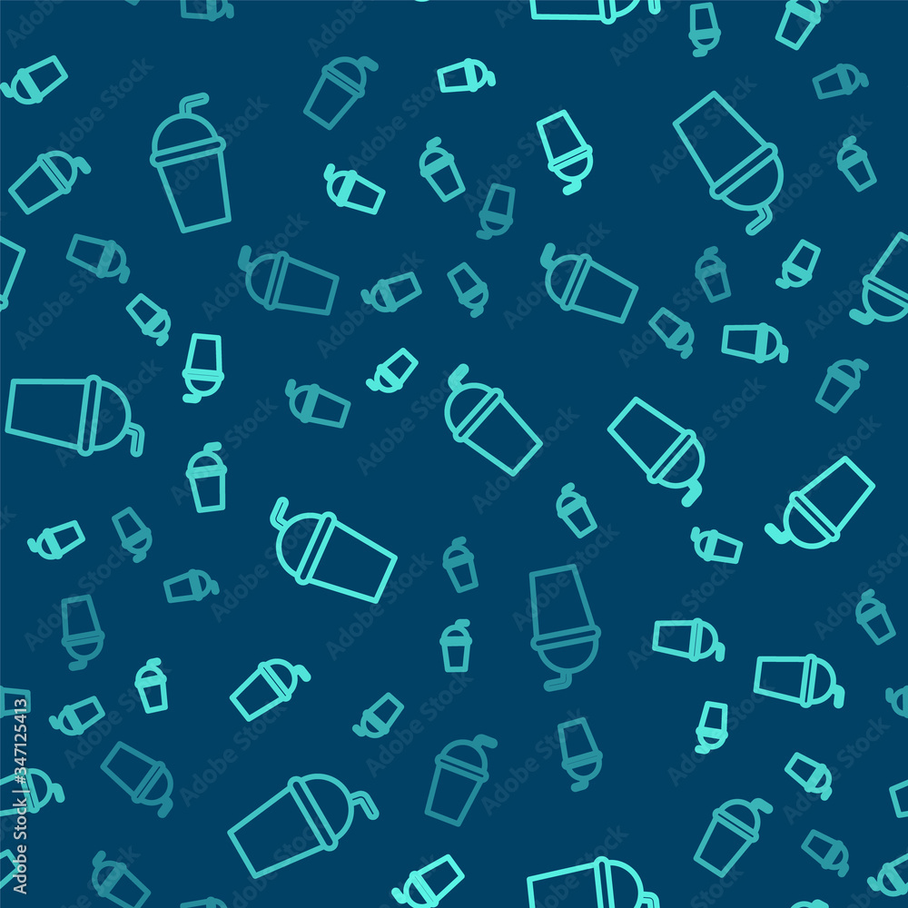 Green line Paper glass with drinking straw and water icon isolated seamless pattern on blue background. Soda drink glass. Fresh cold beverage symbol. Vector Illustration Green line Paper glass with drinking straw and water icon isolated seamless pattern on blue background. Soda drink glass. Fresh cold beverage symbol. Vector Illustration