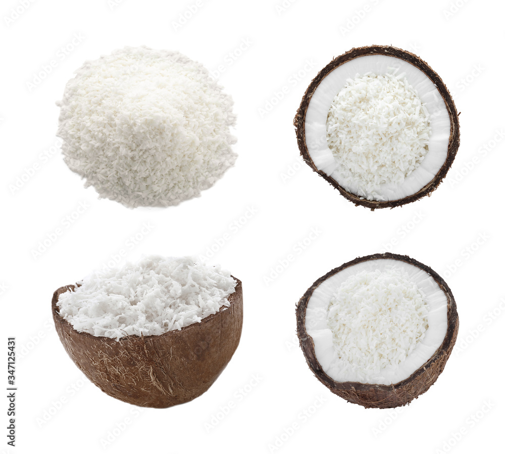 Set with fresh coconut flakes isolated on white Set with fresh coconut flakes isolated on white