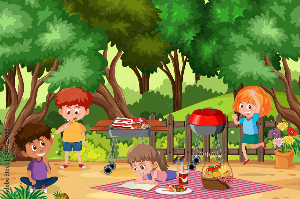 Background scene with happy kids eating in the park