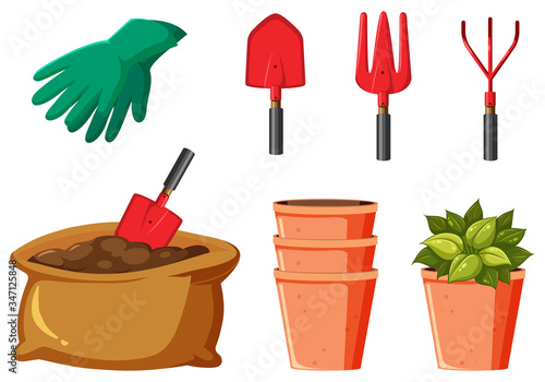 Set of gardening tools on white background