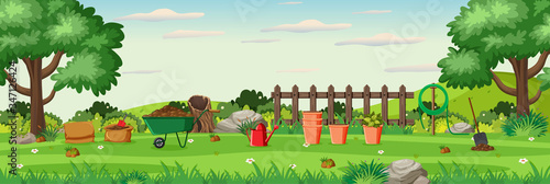 Background scene with gardening equipments in the garden