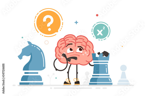 vector brain character play chess thinking holding chess figure