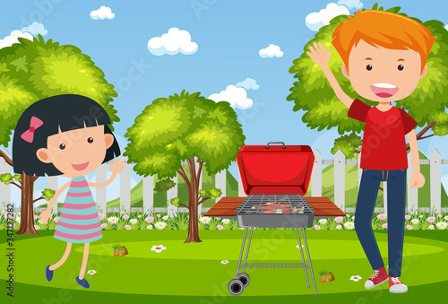 Background scene with people and barbecue in the park