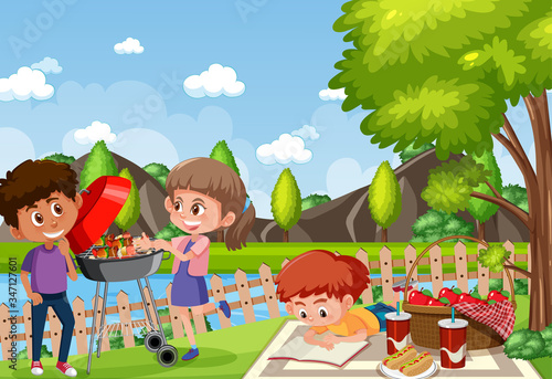 Background scene with kids eating in the park