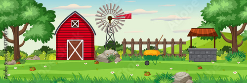 Background scene with red barn on the farm