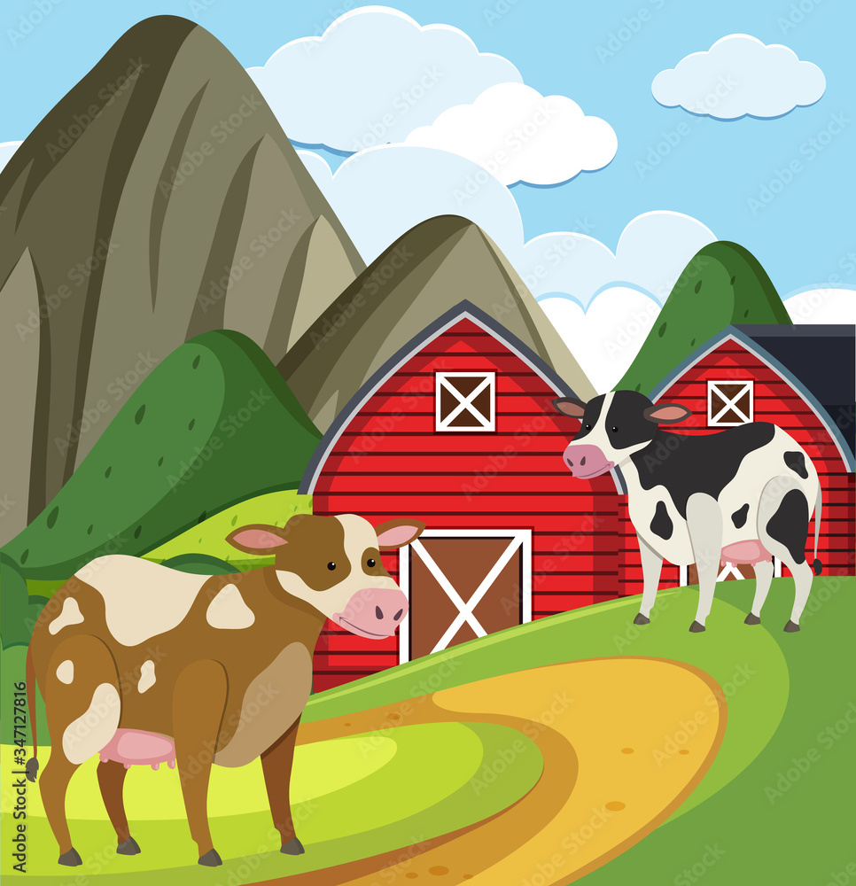 Naklejka premium Farm scene with two cows and red barns on the farm