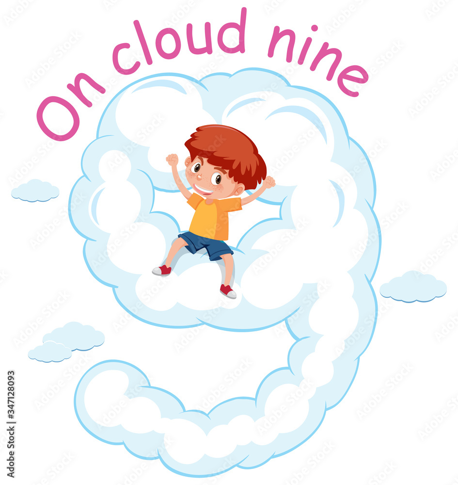 English idiom with picture description for on cloud nine on white background English idiom with picture description for on cloud nine on white background