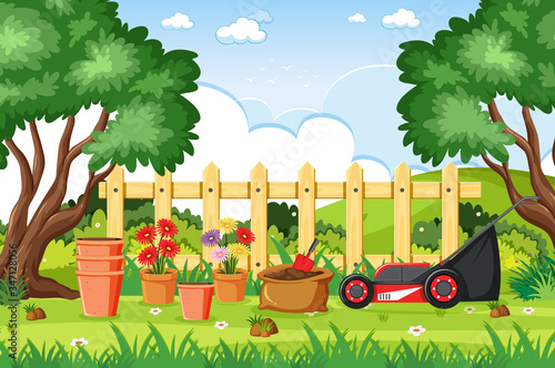 Background scene with gardening tools in the park