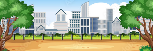 Background scene with buildings in the city and green park