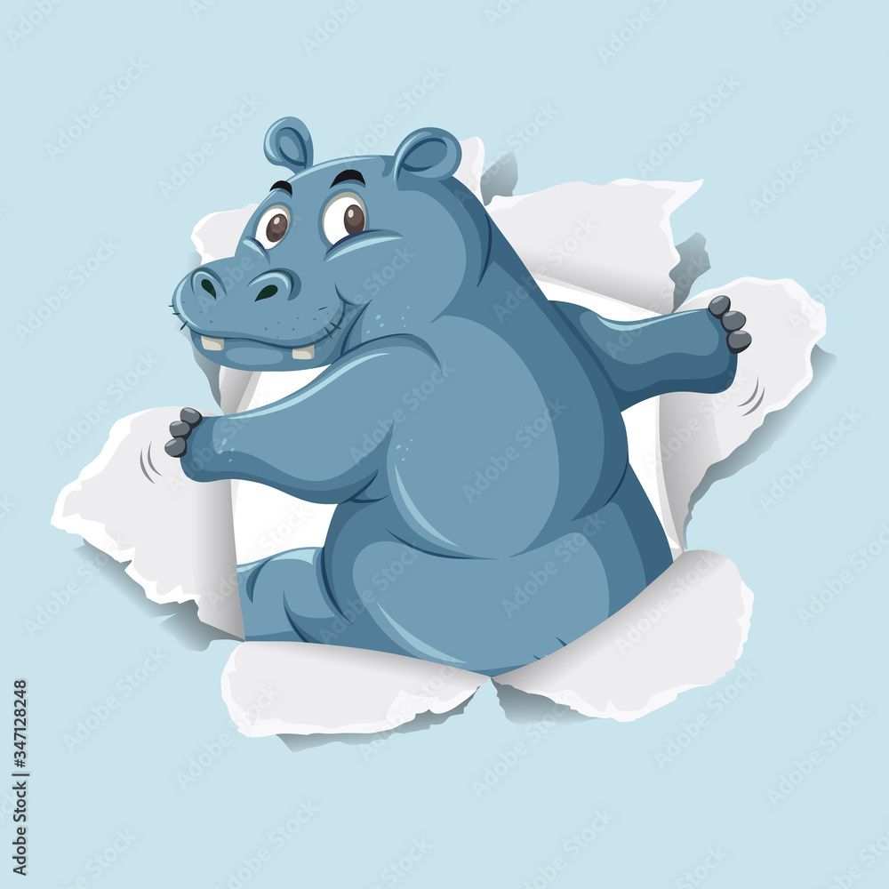 Background template design with wild hippo on blue paper Background template design with wild hippo on blue paper