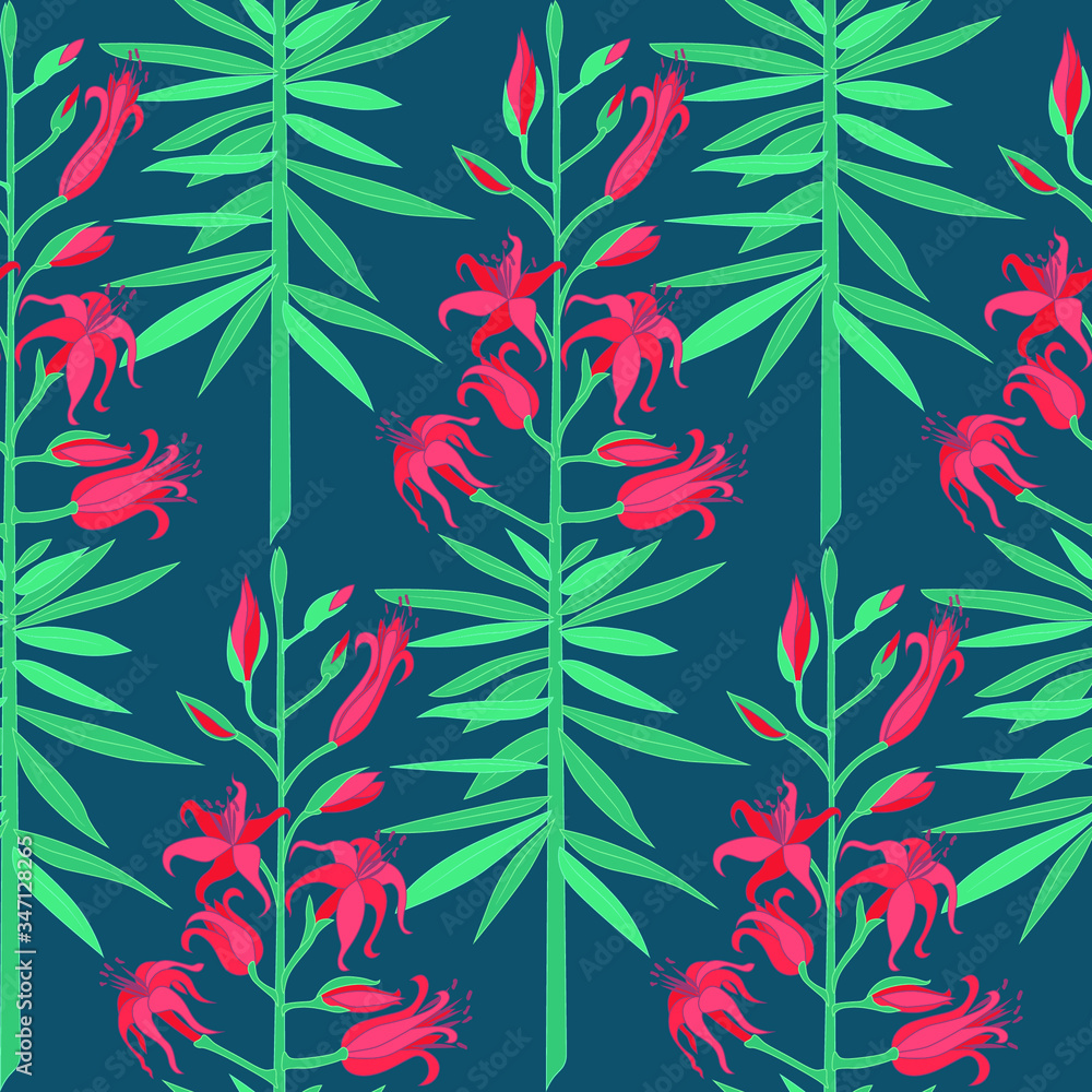 Seamless colored tropical background with red lilies. Seamless colored tropical background with red lilies.