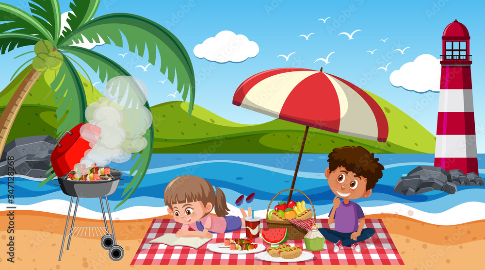 Scene with kids having picnic on the beach
