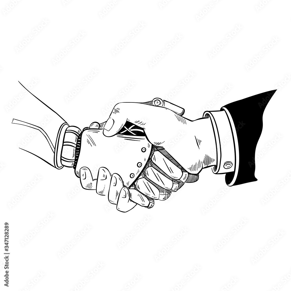 Robotic android handshake with human, hand drawn vector sketch