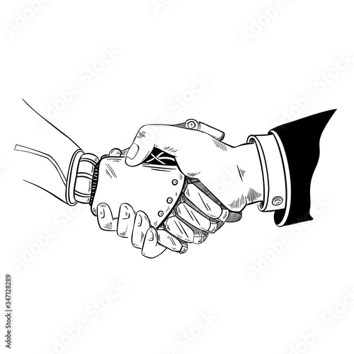 Robotic android handshake with human, hand drawn vector sketch illustration
