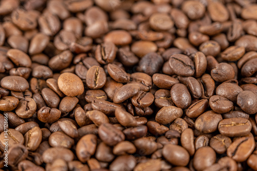 Roasted coffee beans top view. Great for texture and print.