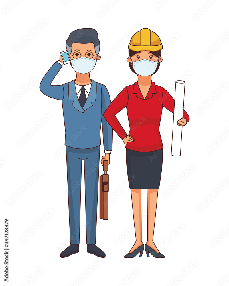 businessman and female architect using face masks