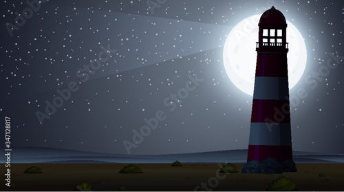Silhouette scene wtih lighthouse at night time