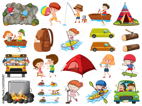 Set of people doing different activities on white background