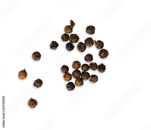 Top view Group of Black pepper isolated on white background.
