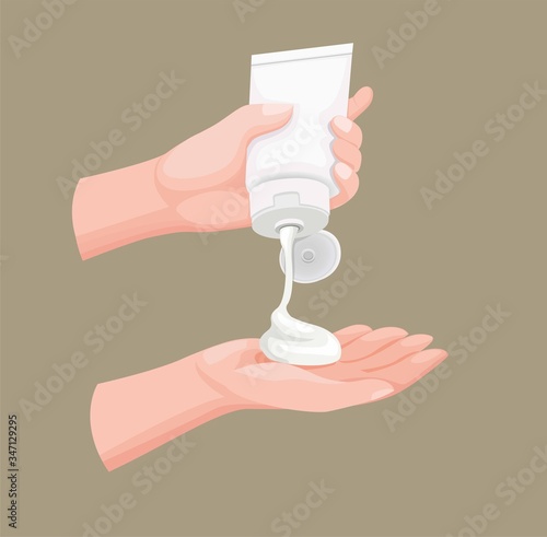 hand squeezing and pouring cream lotion from product pouch packaging in cartoon realistic illustration editable vector