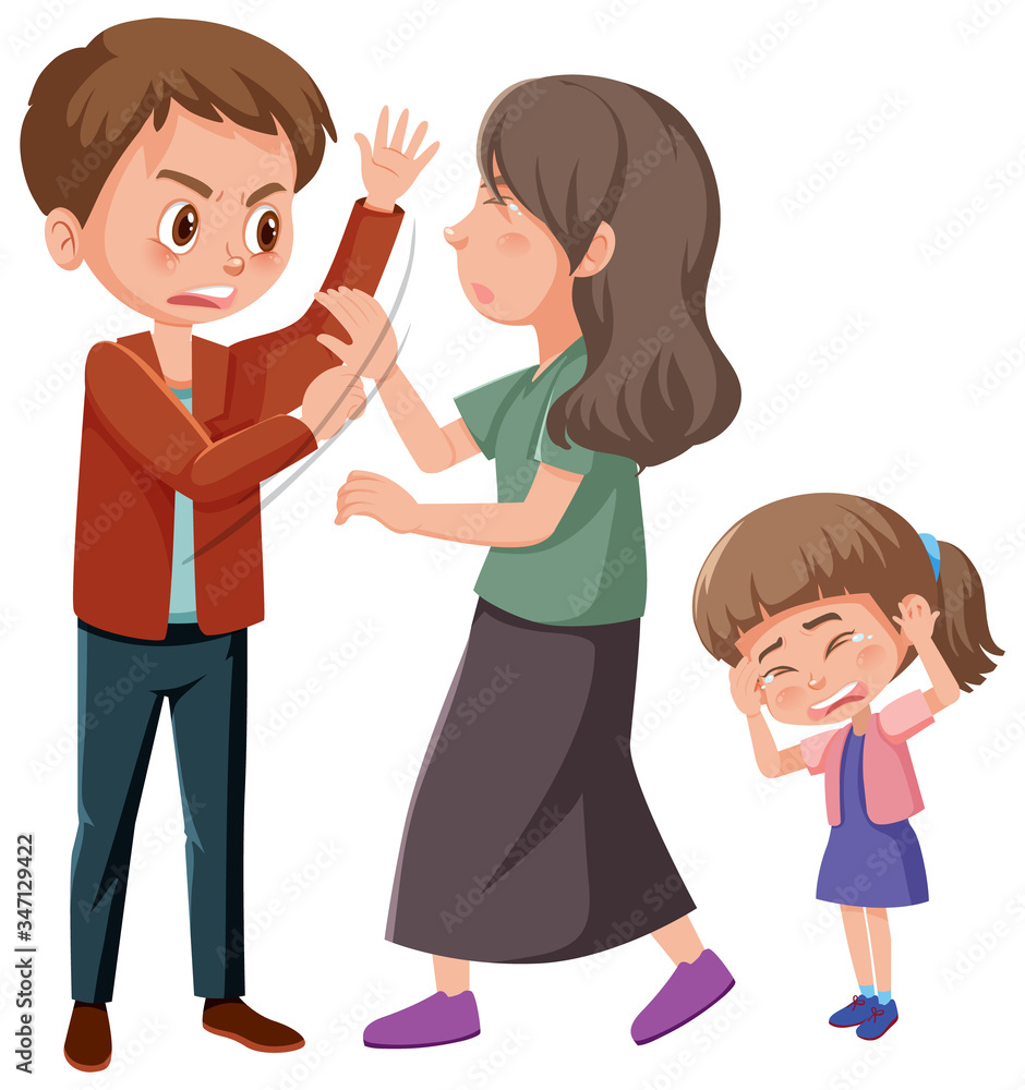 Domestic violence scene with parents fighting in front of little girl Domestic violence scene with parents fighting in front of little girl