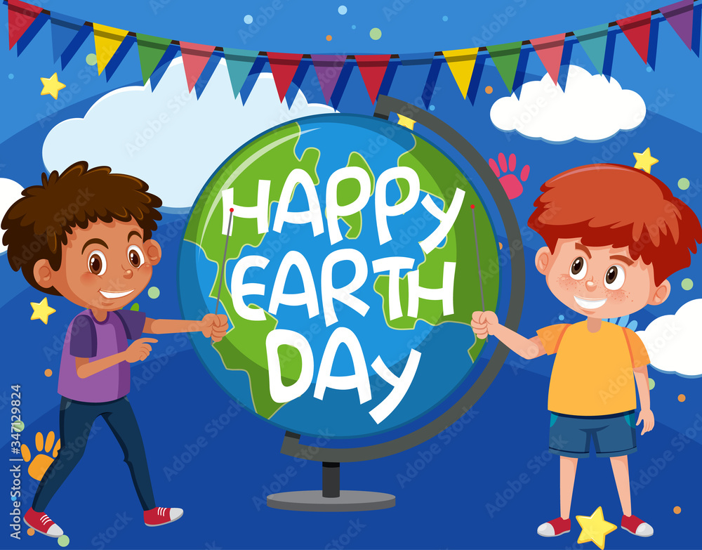 Poster design for happy earth day with happy boys and globe Poster design for happy earth day with happy boys and globe